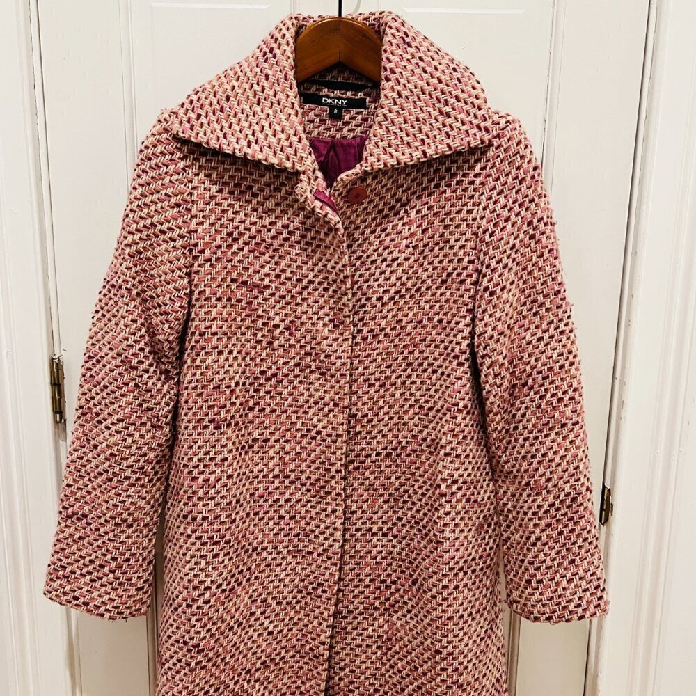 DKNY Ladies Women's Vintage Pink Tweed Over Coat Size 8 Medium Jacket - Picture 9 of 16